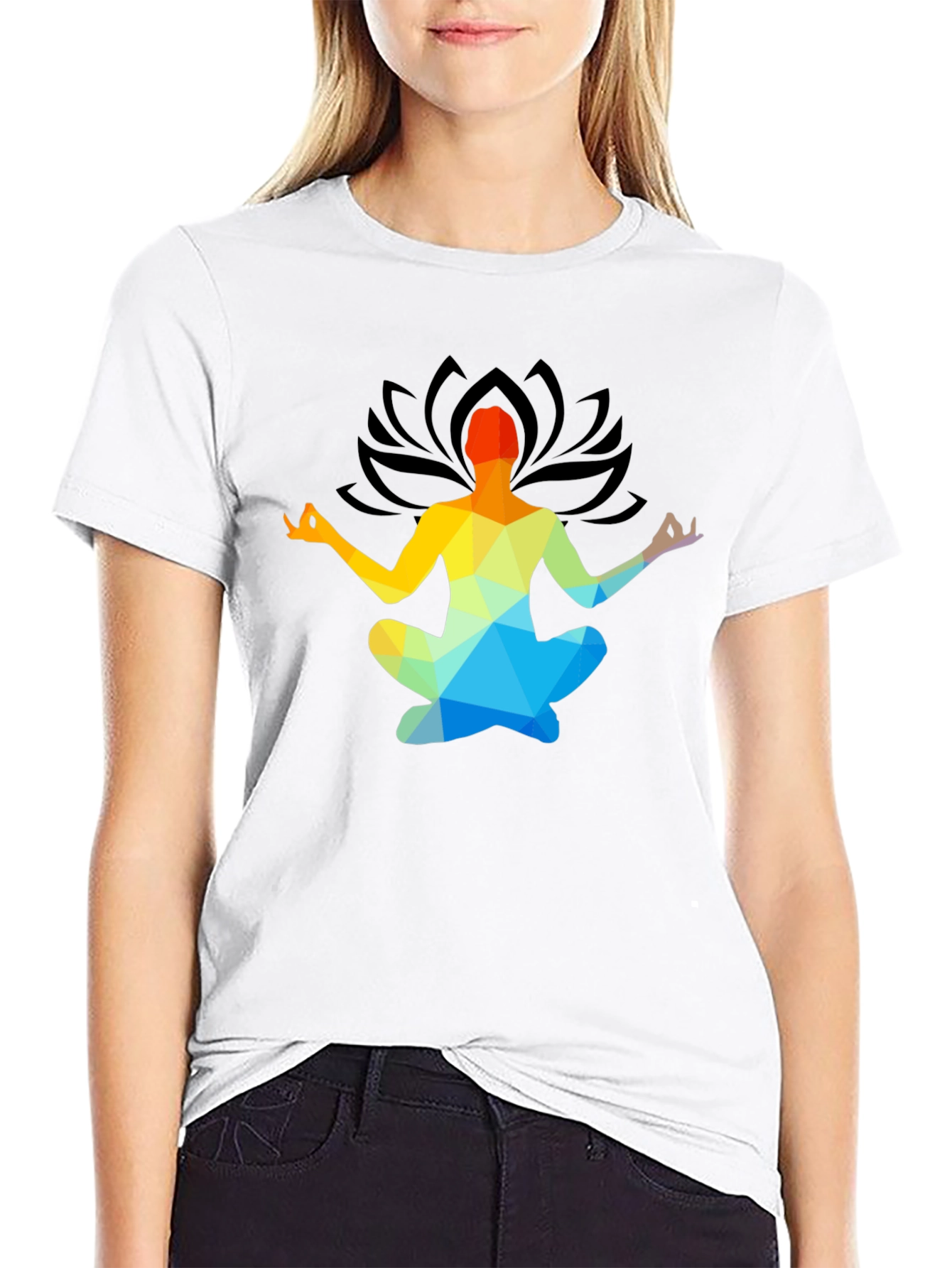 Black Meditative Geometric Lotus Pose T-Shirt view 9