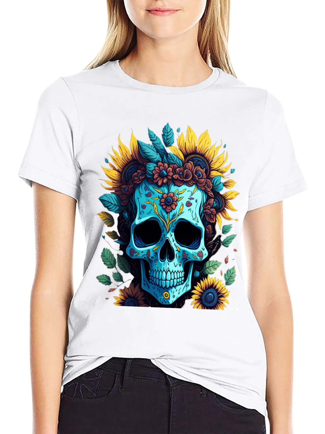 Black Floral Skull Graphic T-Shirt view 9