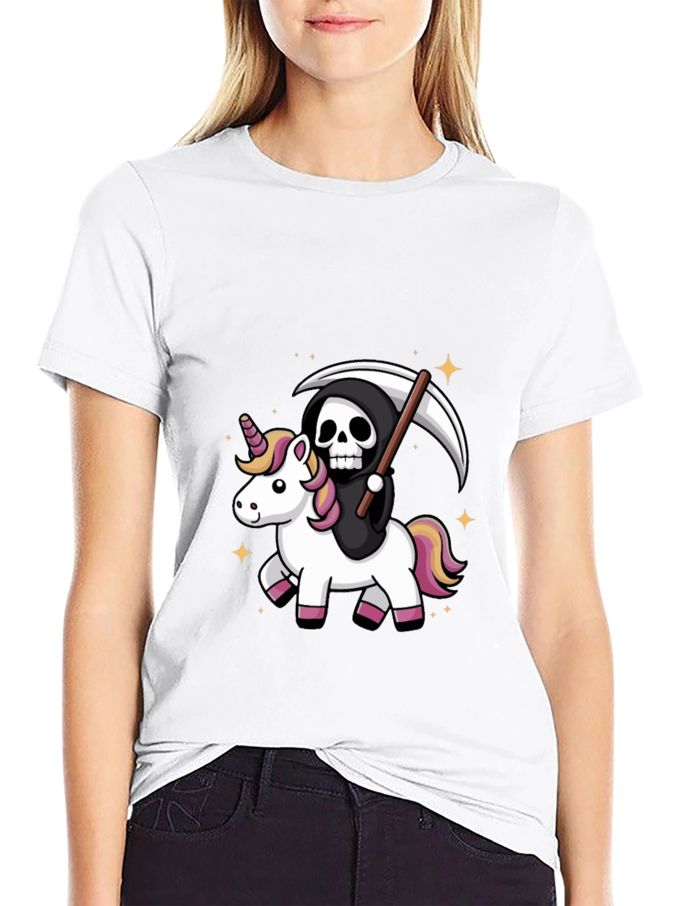 Black Grim Reaper Riding Unicorn T-Shirt view 9