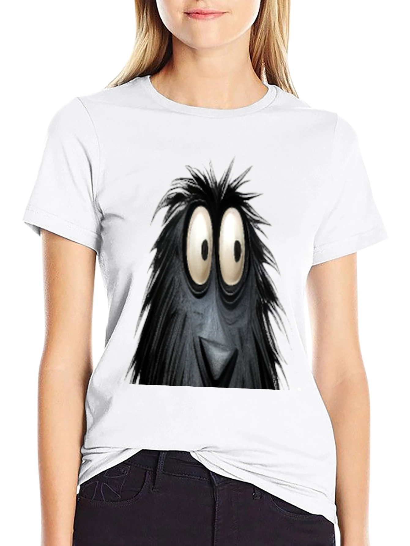 Black Fun Cartoon Monster Face Graphic Black T-Shirt view 9