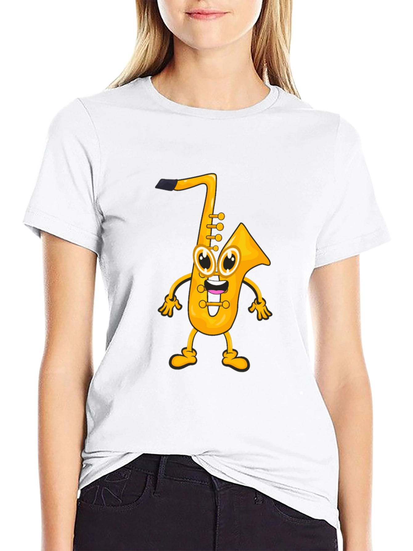 Black Cartoon Saxophone Graphic Black T-Shirt view 9