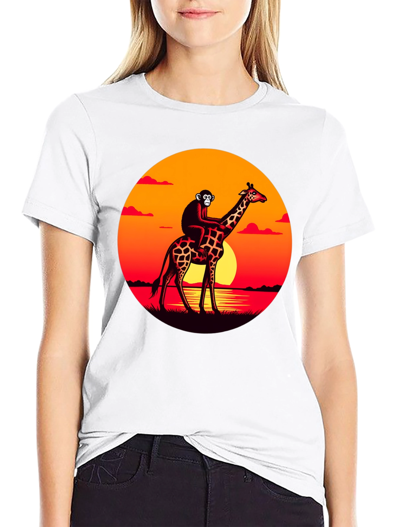 Black Monkey Riding Giraffe Sunset Graphic Tee view 9