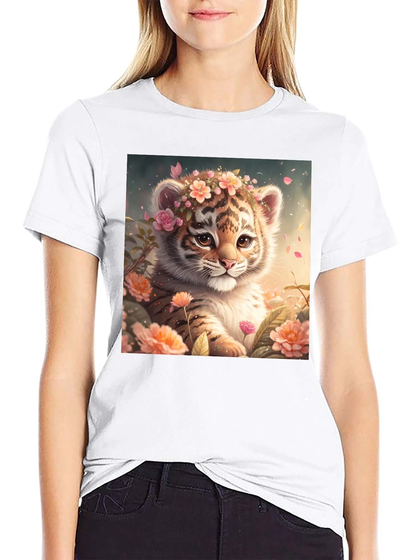 Black Cute Tiger Cub Floral T-Shirt view 9