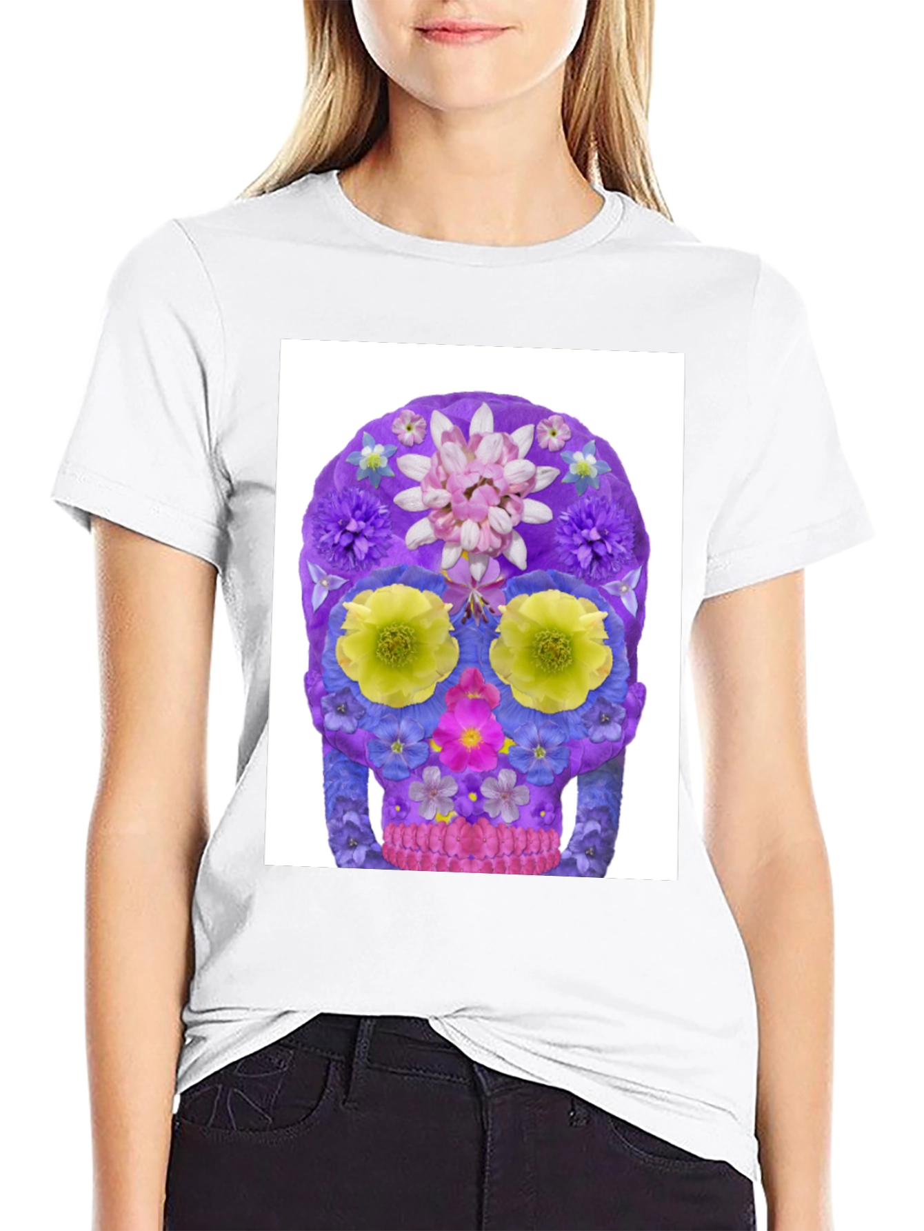 Black Floral Sugar Skull Graphic Tee - Black Cotton T-Shirt view 9
