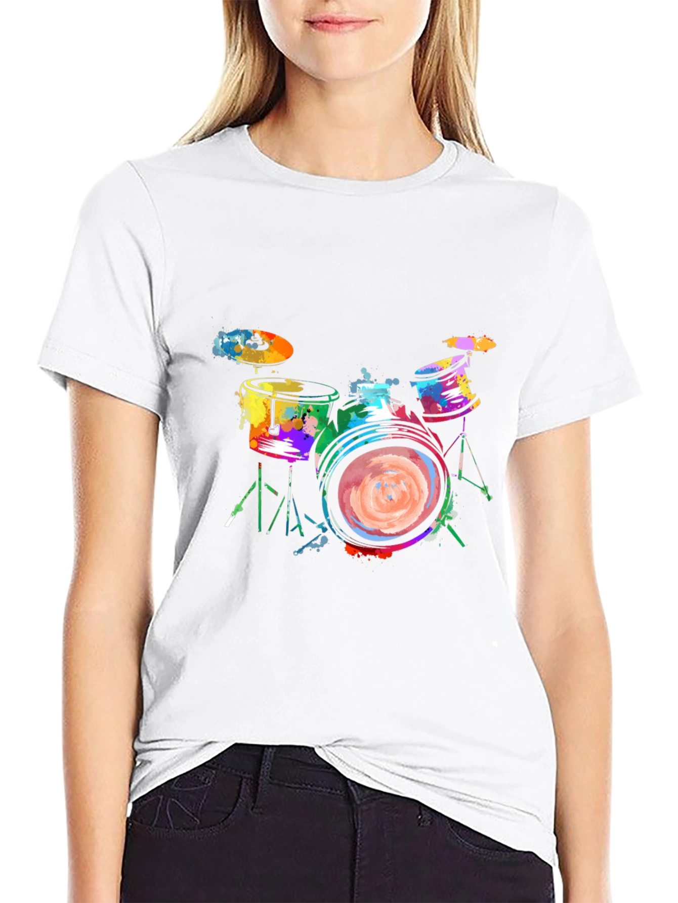 Black Colorful Drums Graphic Tee - Black Cotton T-Shirt view 9