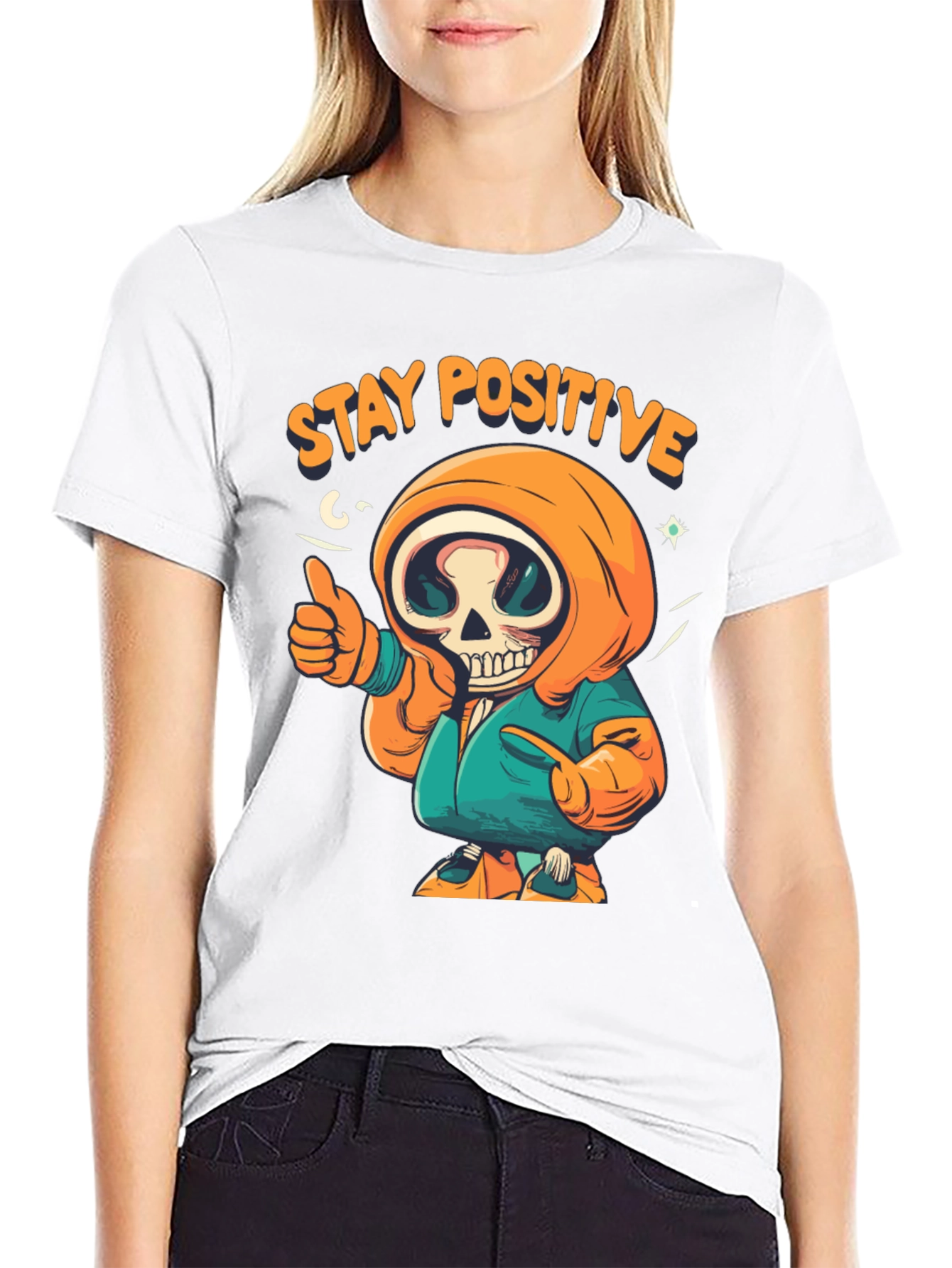 Black Stay Positive Graphic Tee - Skeleton Design view 9