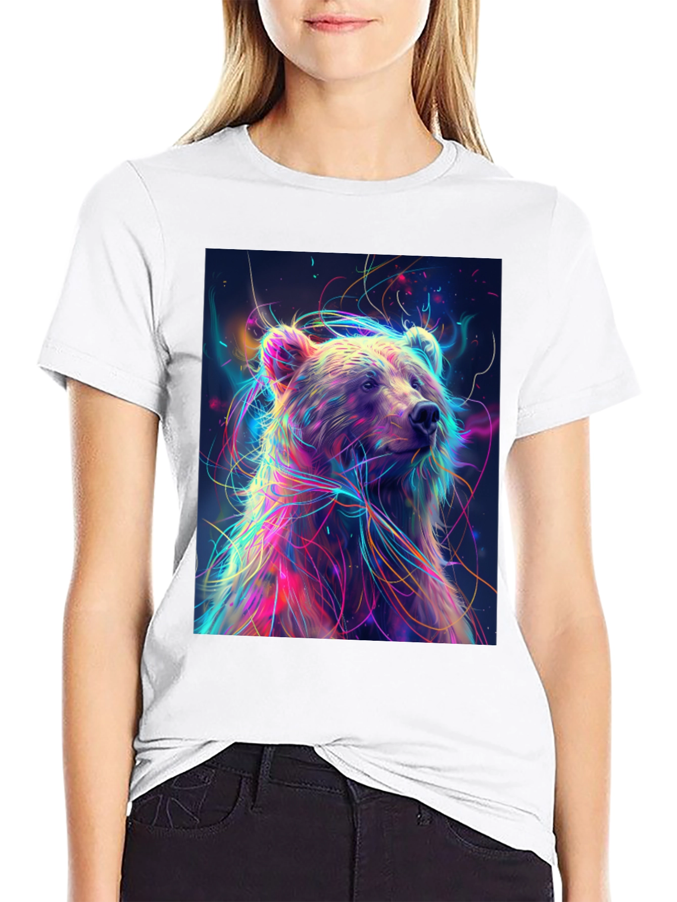 Black Colorful Bear Graphic Print Black T-Shirt view 9