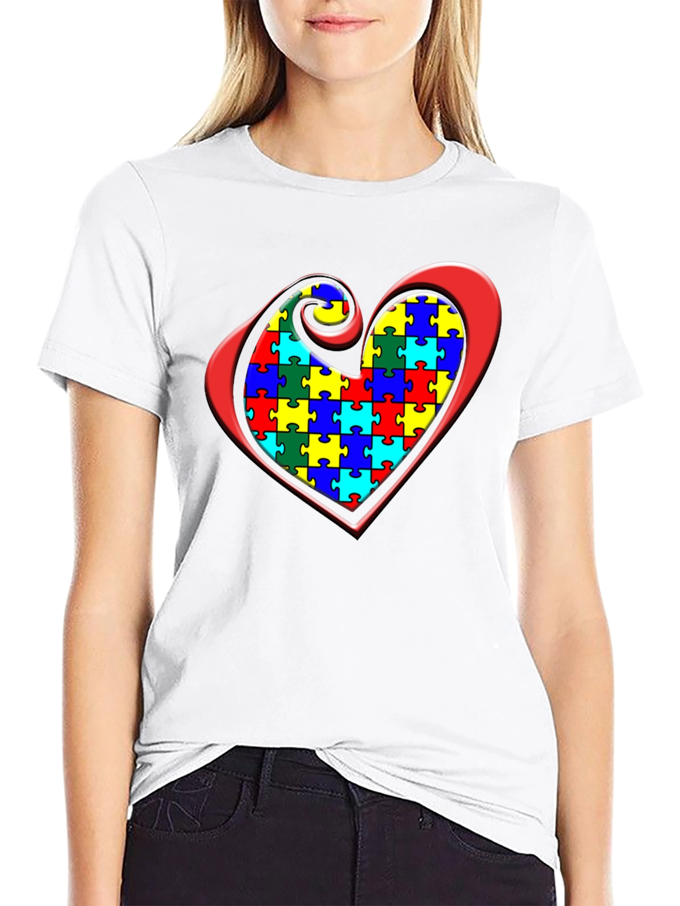 Black Autism Awareness Puzzle Heart Graphic Tee view 9