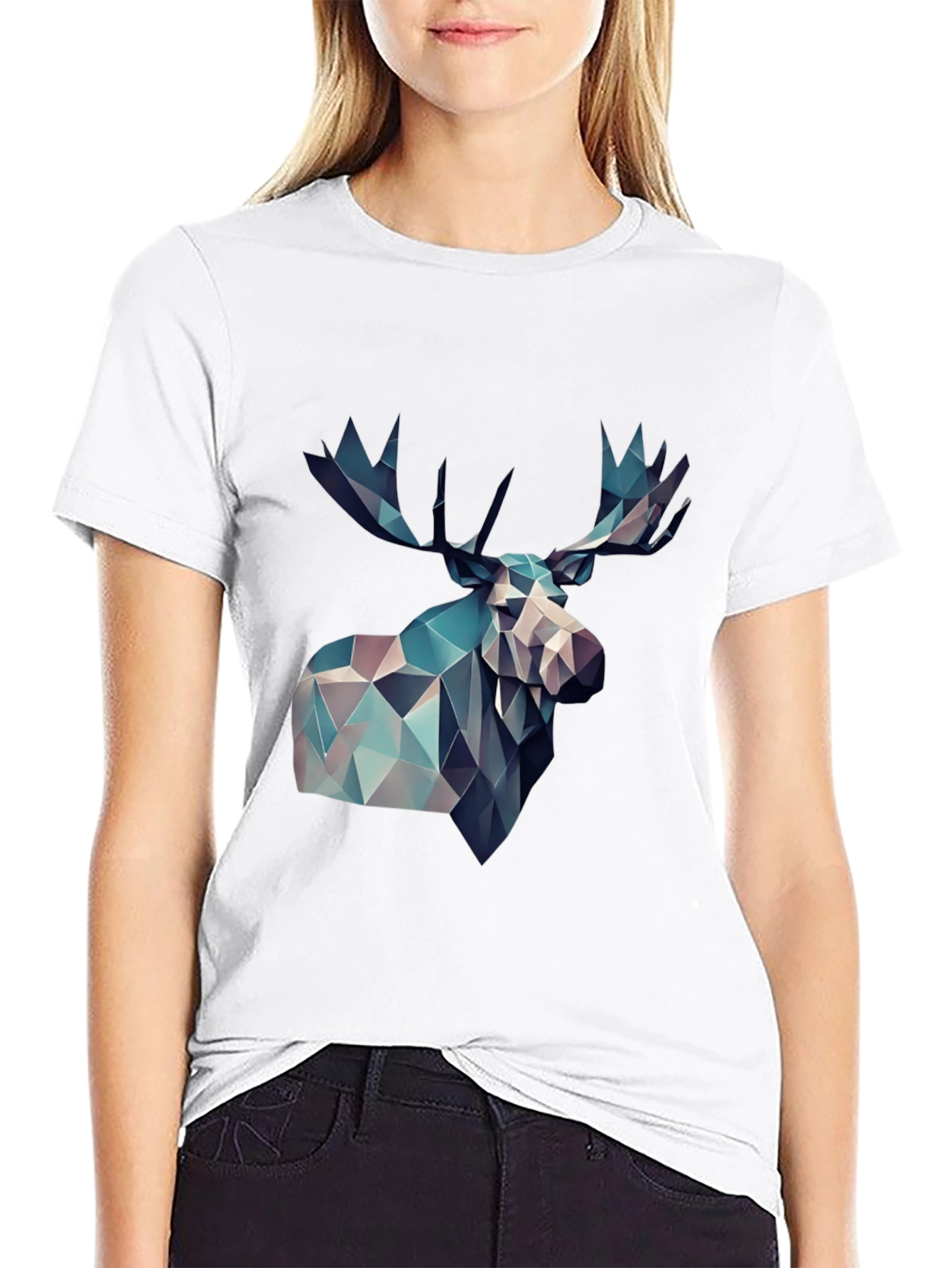Black Geometric Moose Graphic Print Black T-Shirt view 9