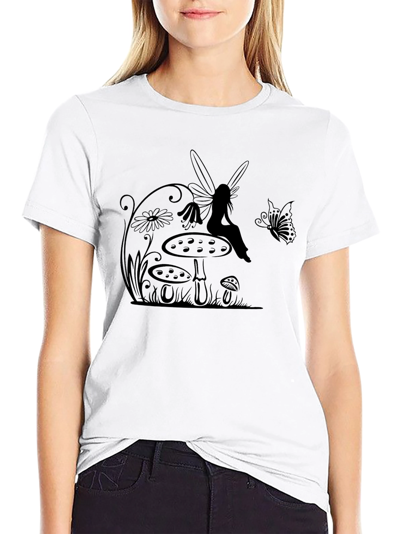 Fairy & Mushroom Graphic Tee - Black Cotton T-Shirt - 9