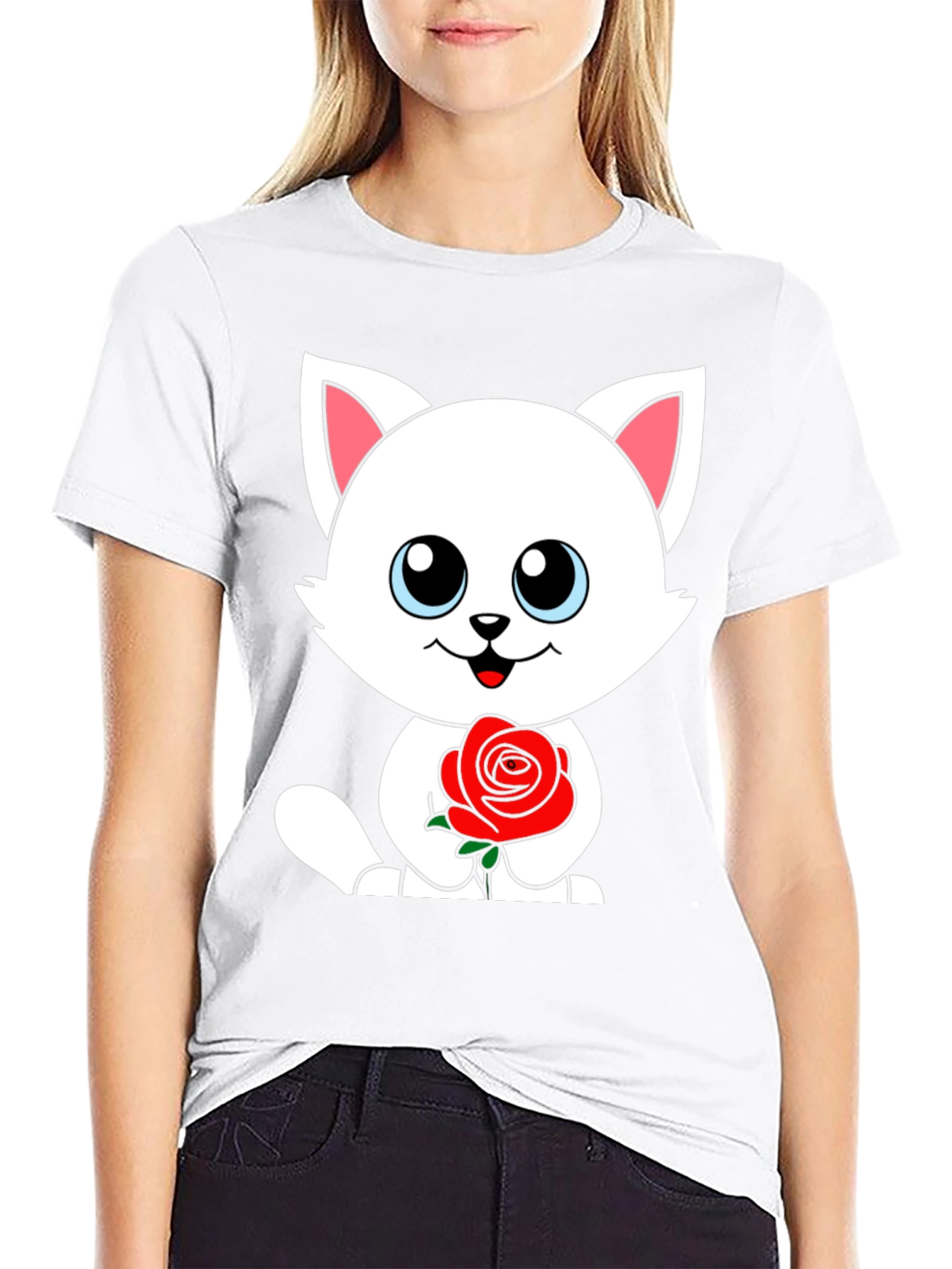 Black Cute Cat Rose Graphic Black T-Shirt view 9