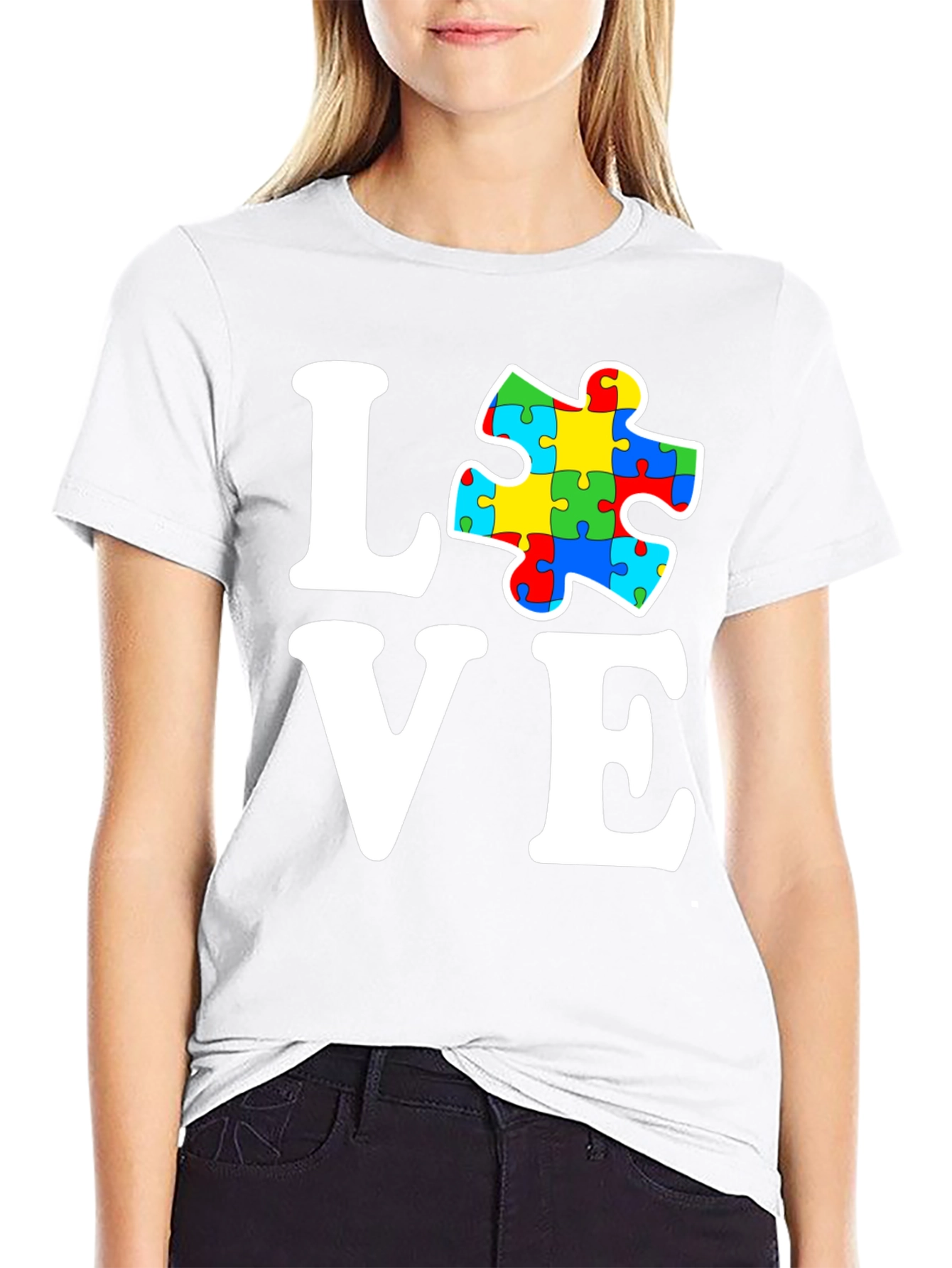 Black Autism Awareness Love Puzzle Piece Graphic T-Shirt view 9
