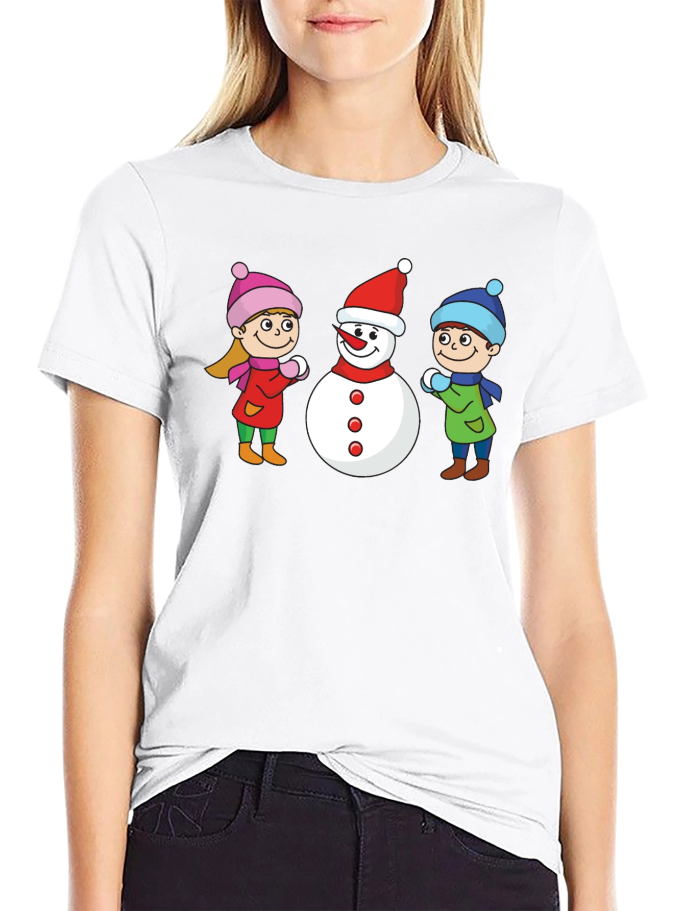 Black Winter Fun T-Shirt: Snowman & Kids Graphic Tee view 9