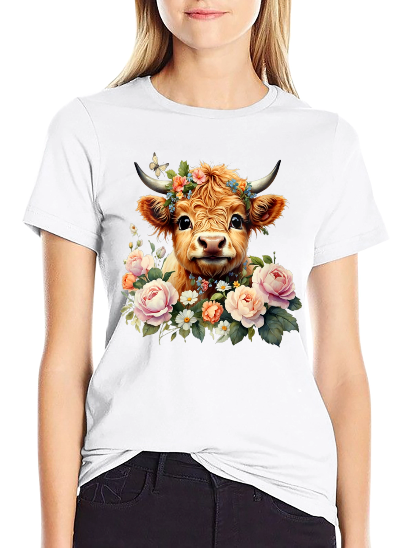 Black Cute Cow with Flowers Black T-Shirt view 9