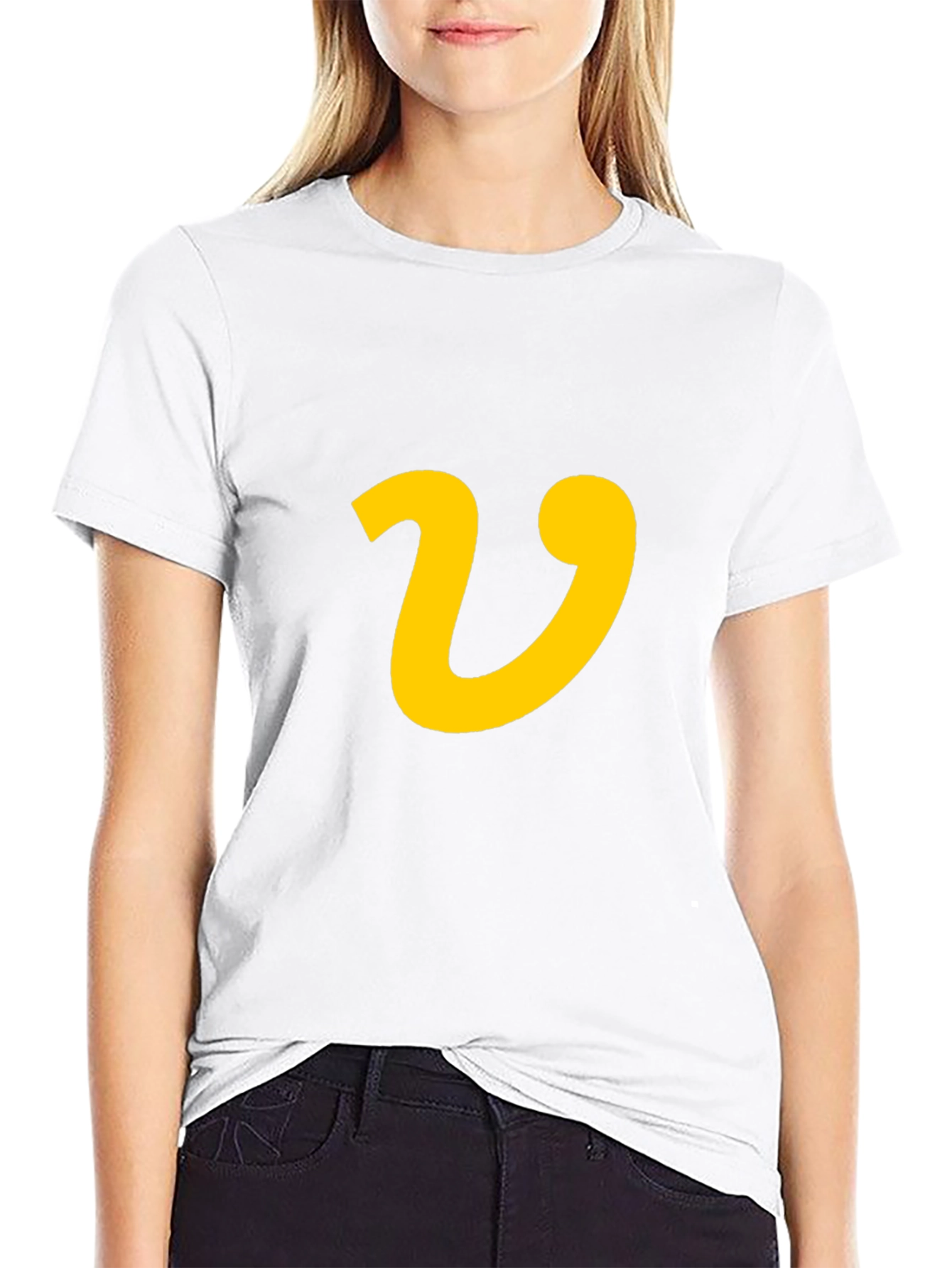 Black Black T-Shirt with Yellow Letter 'V' Graphic Print view 9