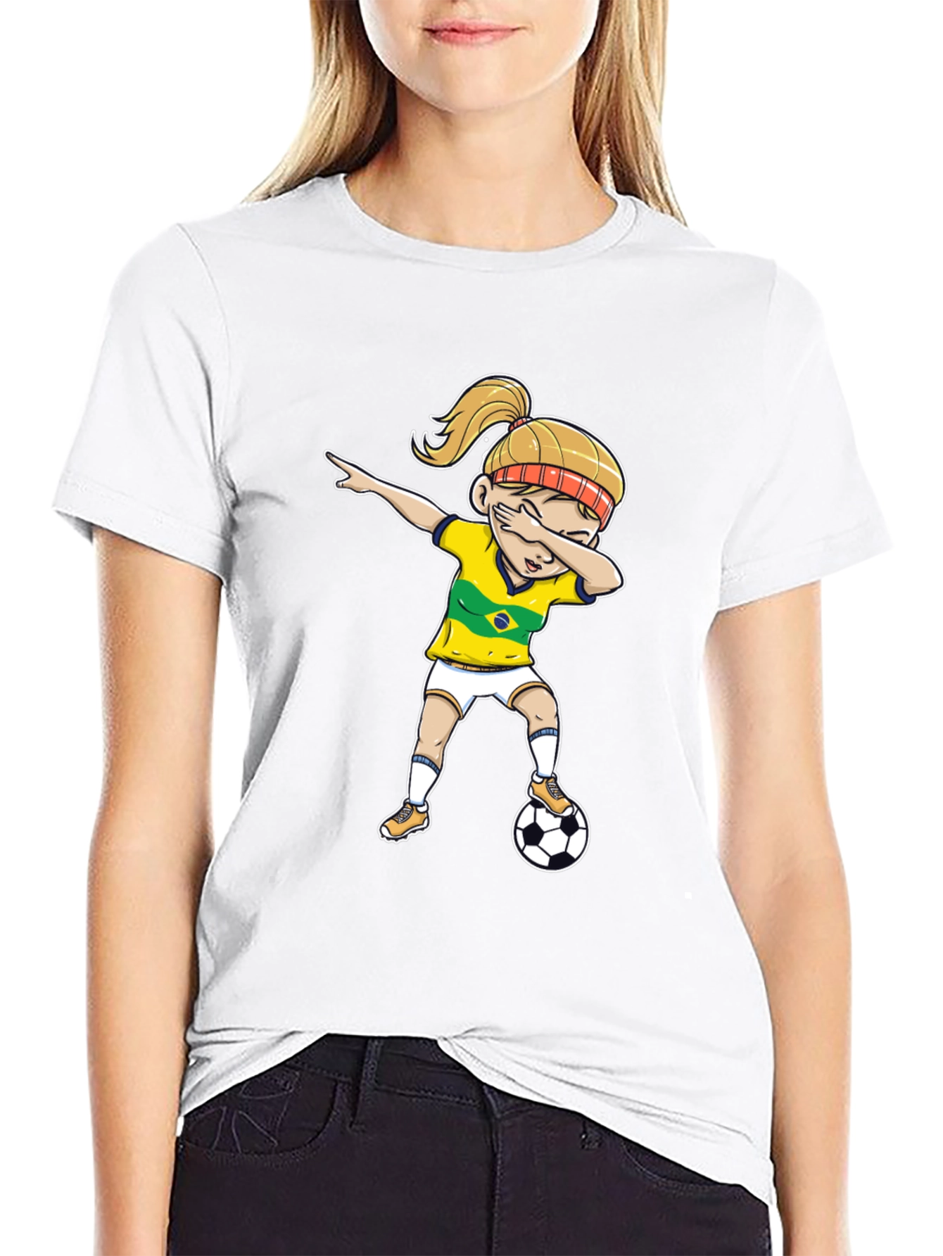 Black Brazil Soccer Girl Dab T-Shirt view 9