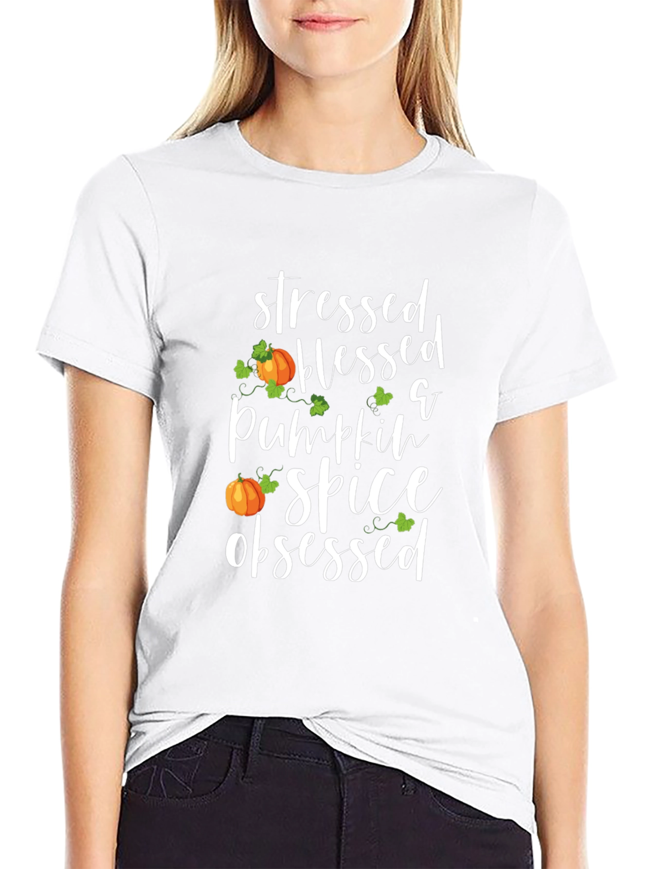 Black Stressed Blessed Pumpkin Spice Obsessed T-Shirt view 9