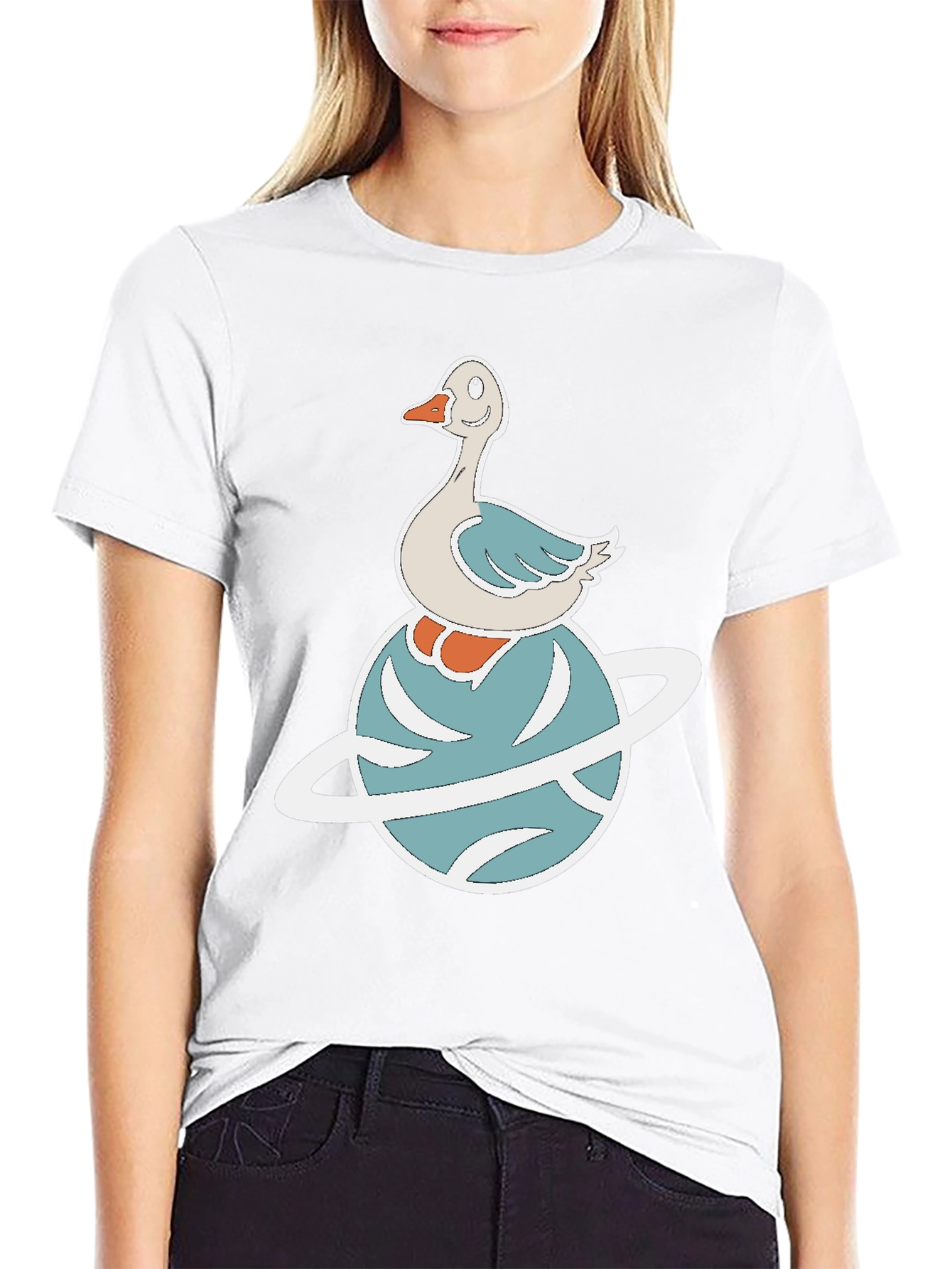 Black Whimsical Goose on Planet Graphic Tee view 9