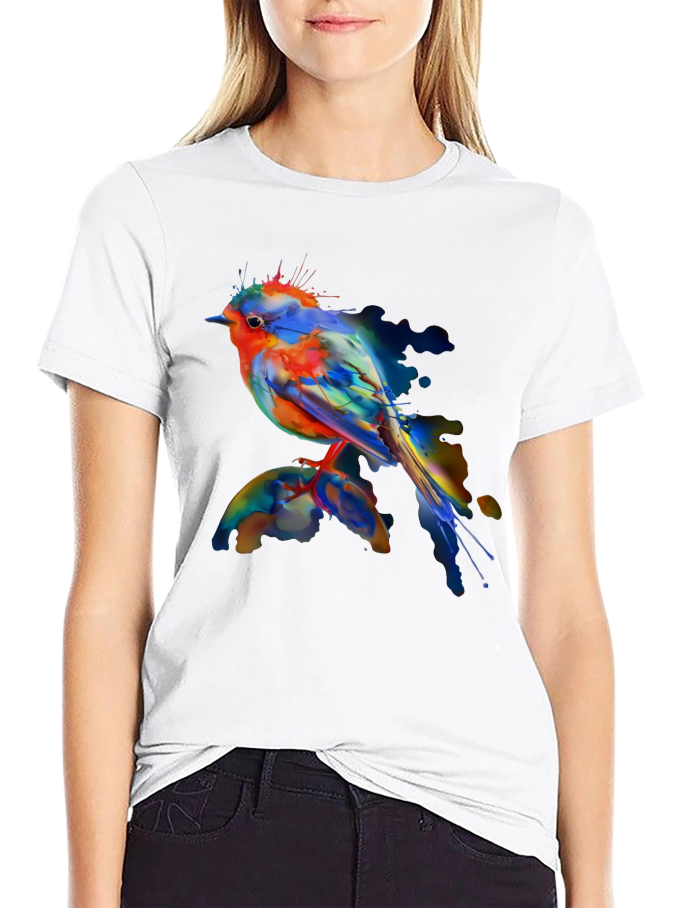 Black Watercolor Bird Print Black T-Shirt view 9