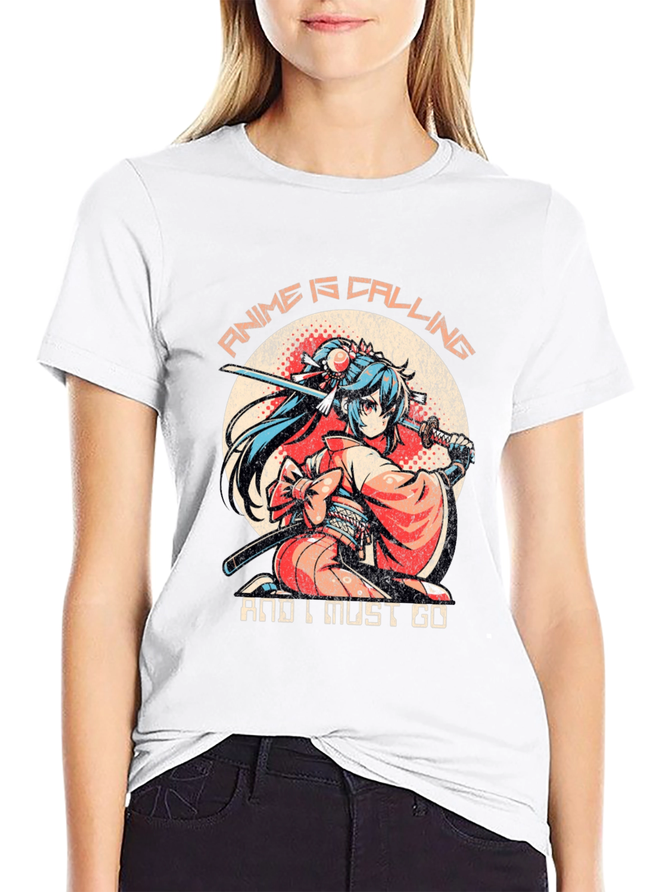 Black Anime Calling T-Shirt: Samurai Girl view 9