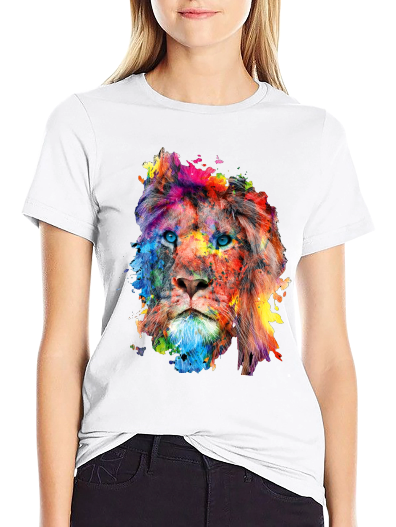 Black Colorful Lion Graphic Print Men's Black T-Shirt view 9