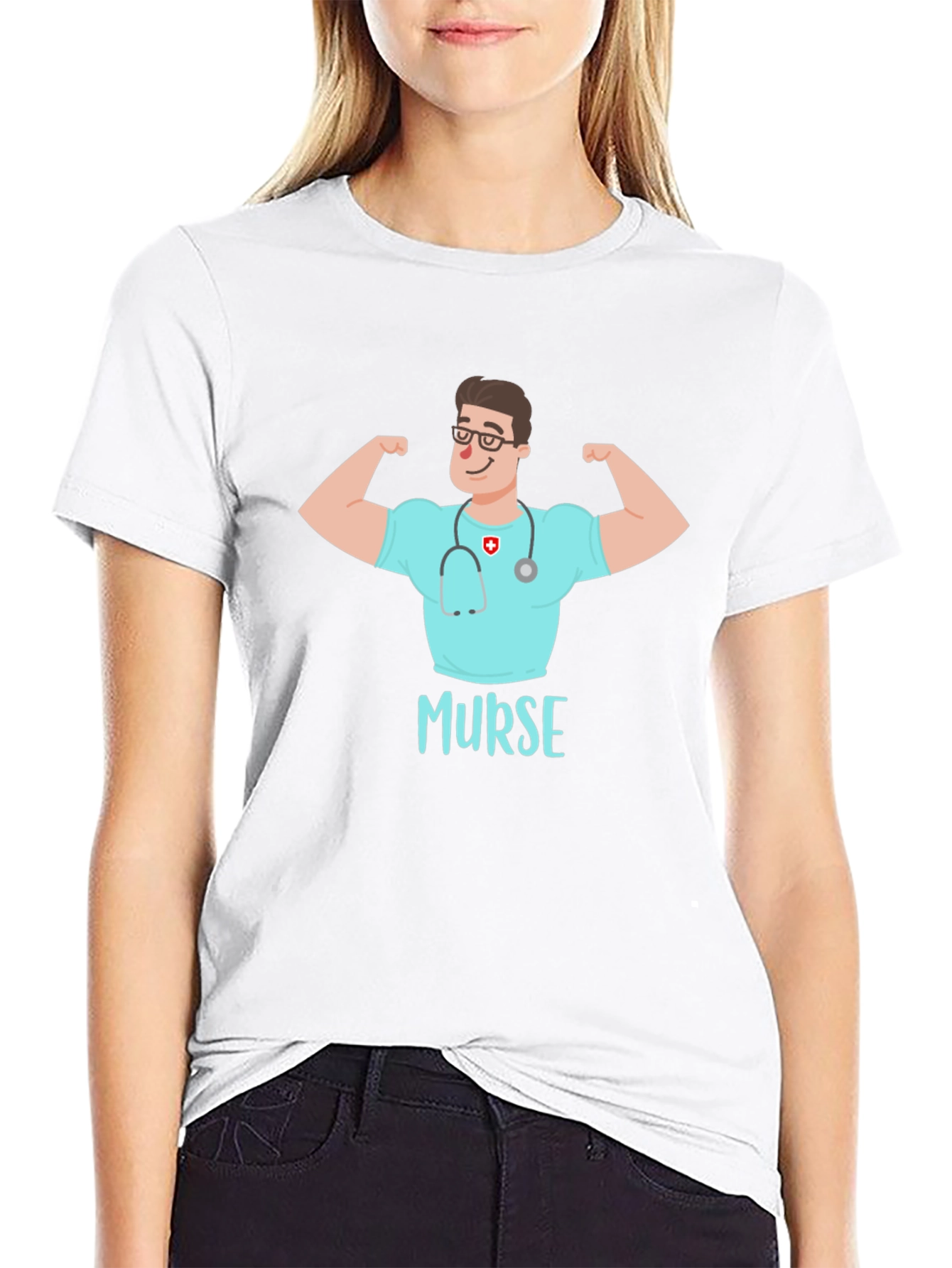 Black Murse T-Shirt - Muscular Nurse Cartoon Tee view 9