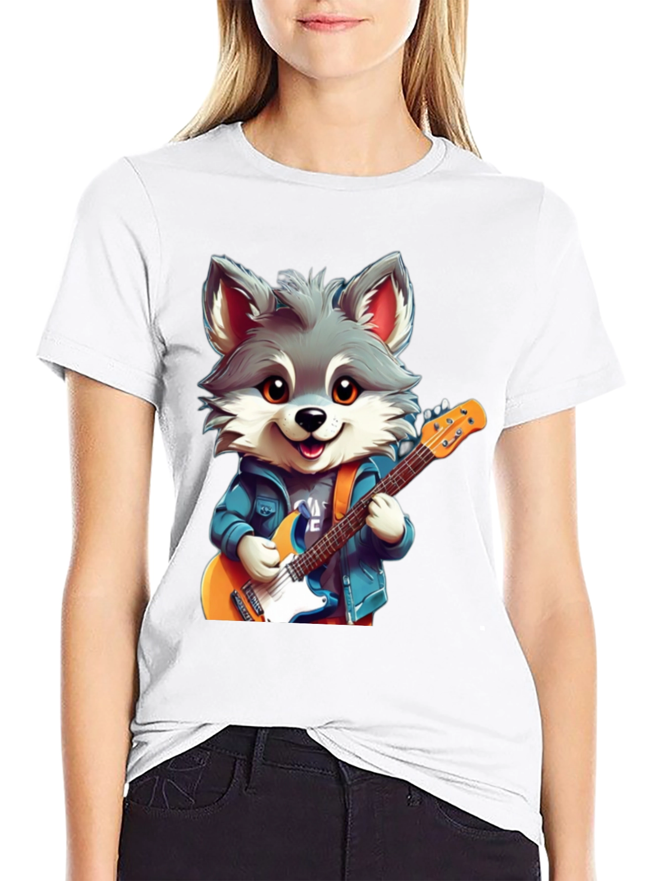 Black Cute Cartoon Wolf Guitarist Graphic Tee view 9