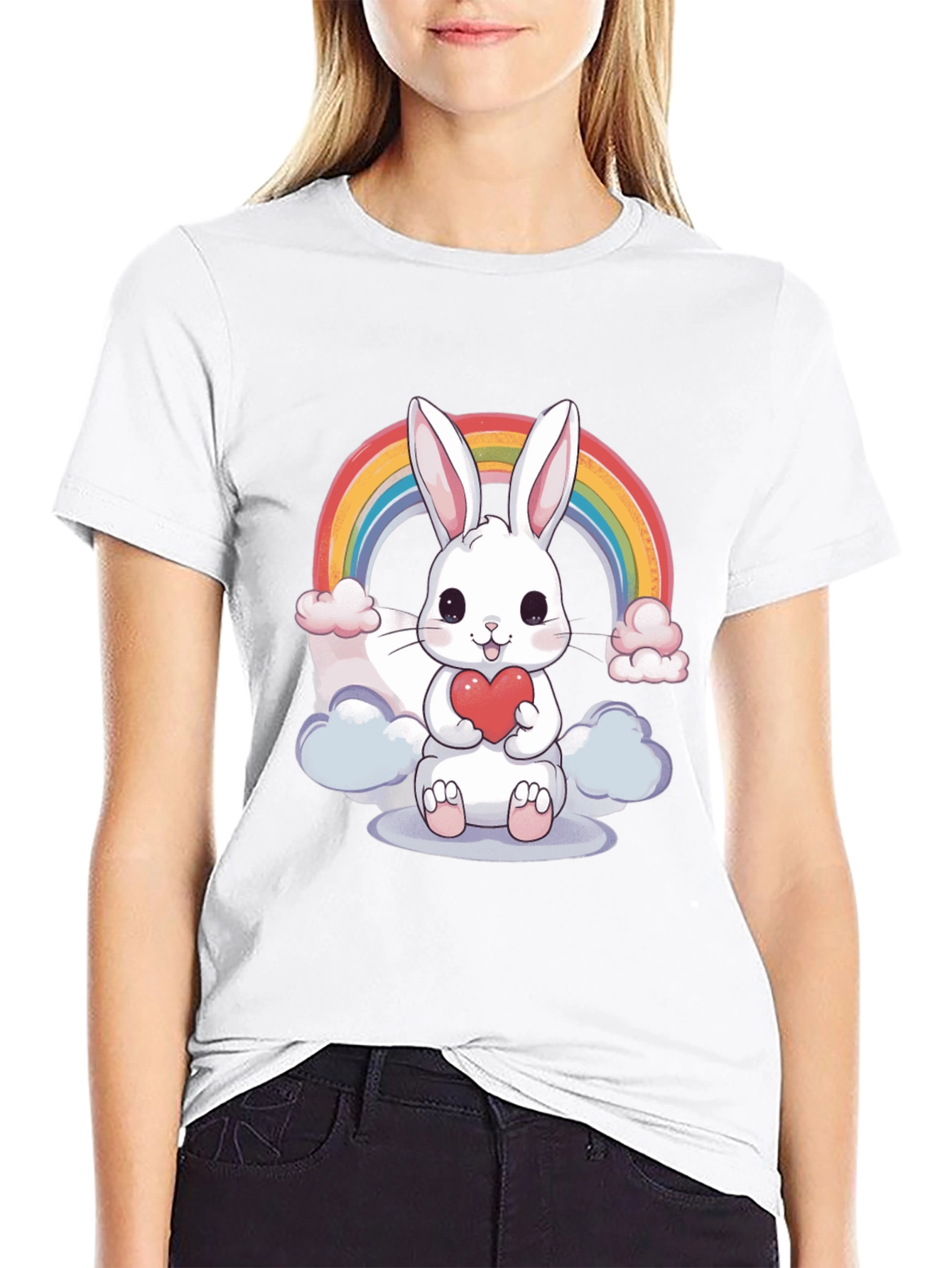 Black Cute Bunny Rainbow T-Shirt view 9