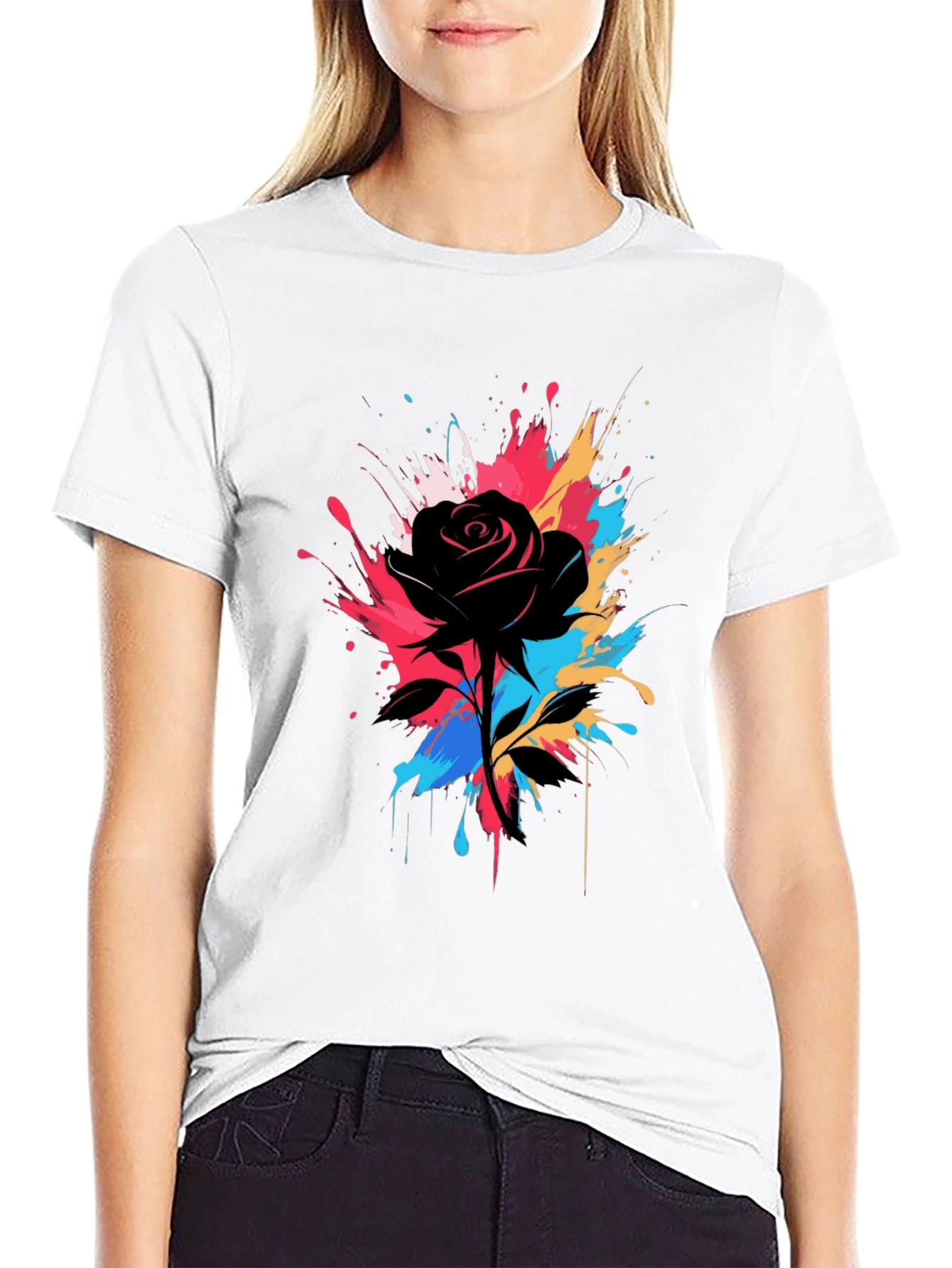Black Black Rose Splash T-Shirt - Unique Artistic Design view 9