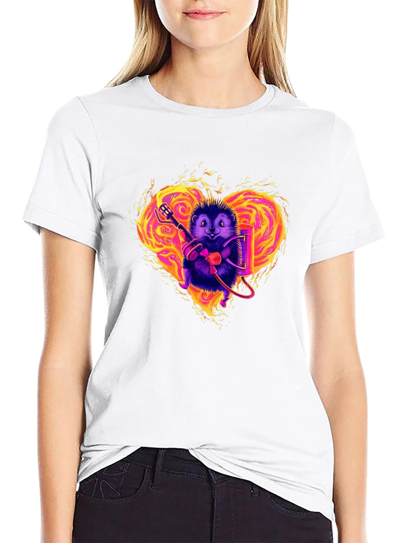 Black Flaming Heart Hedgehog Graphic Tee view 9