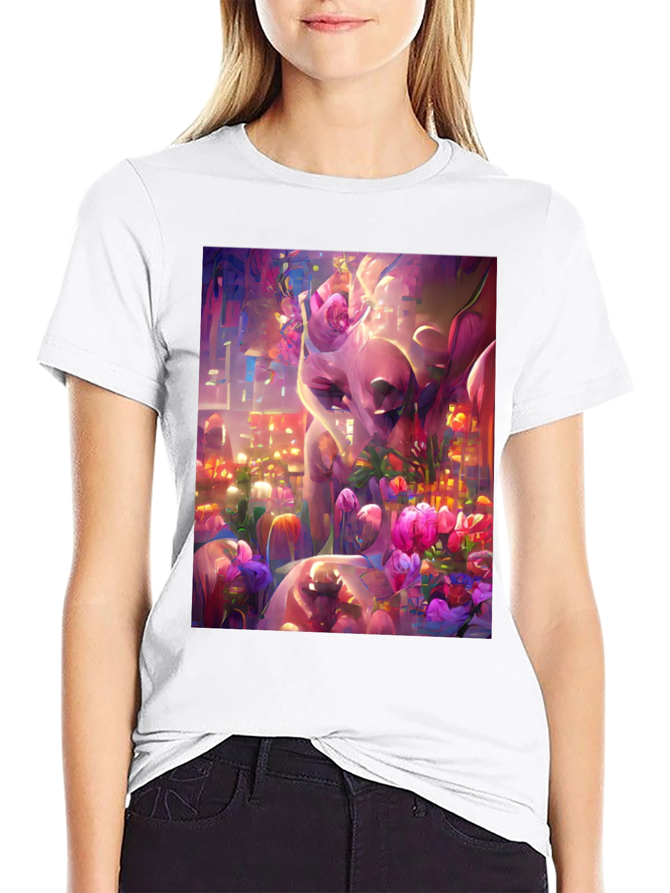 Black Floral Fantasy Graphic Tee - Black Cotton Comfort view 9