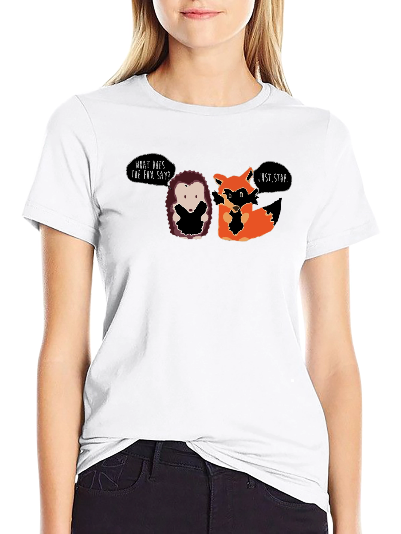 Black Funny Hedgehog & Fox T-Shirt - What Does the Fox Say? view 9