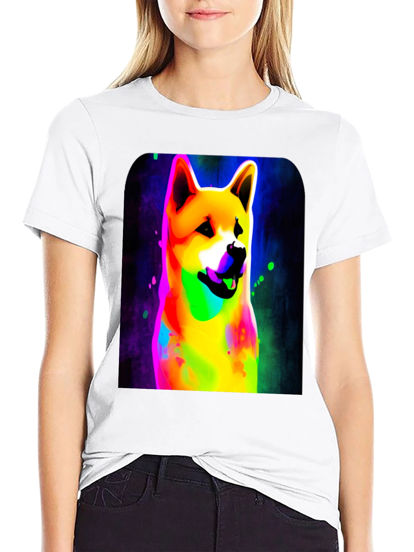 Black Colorful Shiba Inu Dog Graphic Tee - Black Cotton Blend view 9