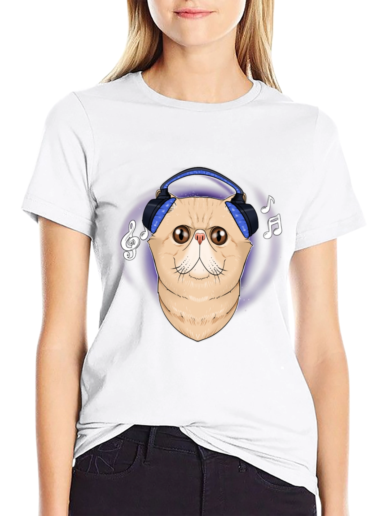 Black Cool Cat Headphones Graphic T-Shirt view 9