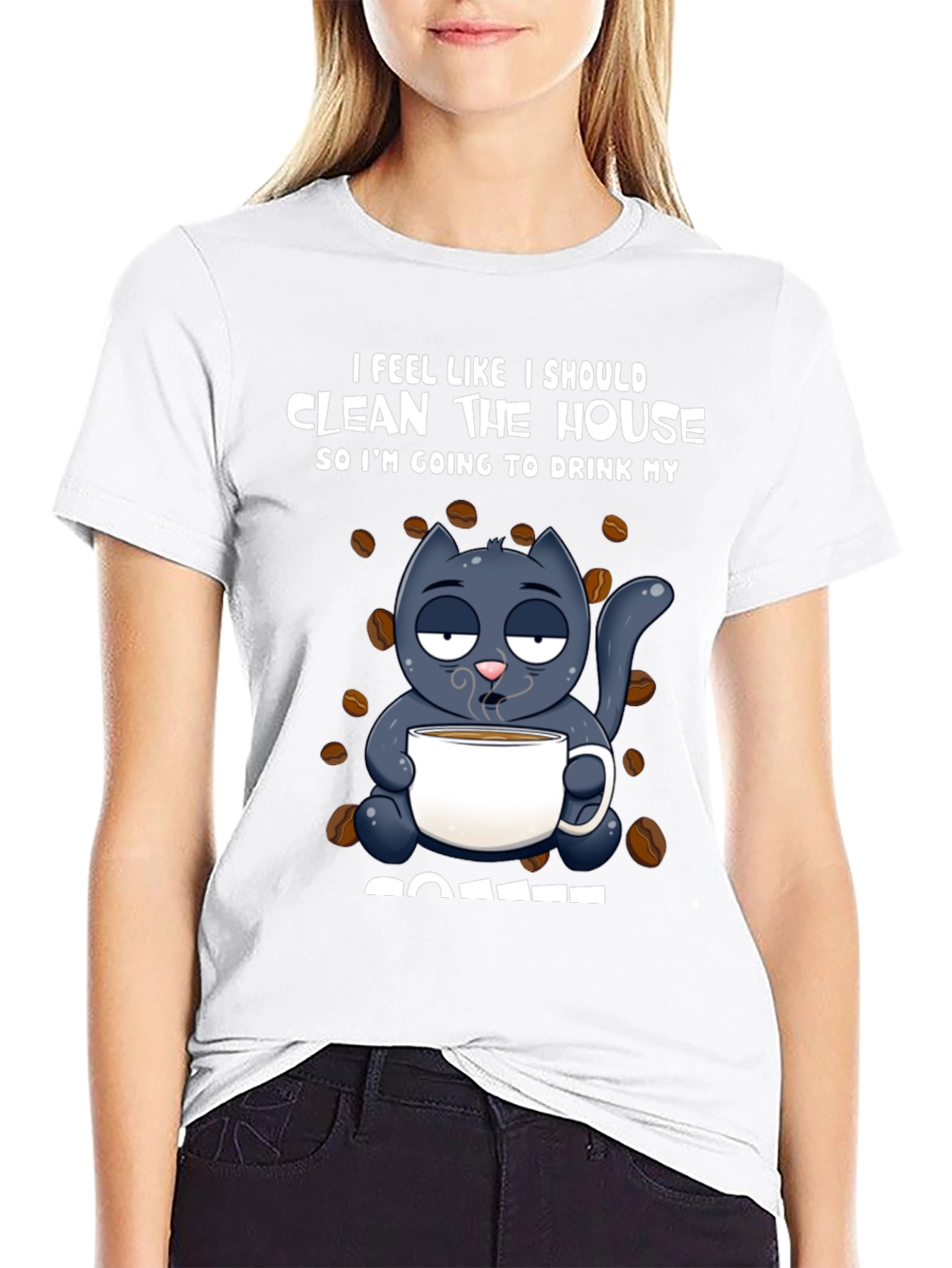 Black Humorous Cat & Coffee Graphic T-Shirt view 9
