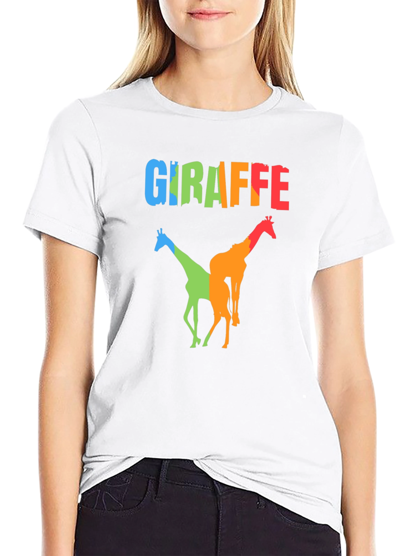 Black Colorful Giraffe Graphic Print Black T-Shirt view 9