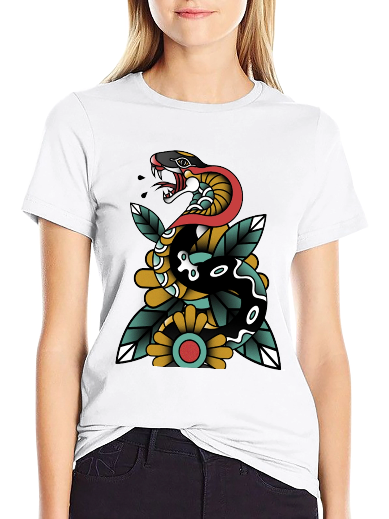 Black Snake & Flower Graphic Tee - Traditional Tattoo Style view 9