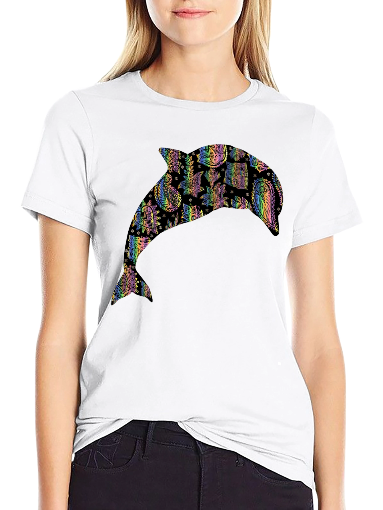 Black Dolphin Paisley Pattern Black T-Shirt view 9