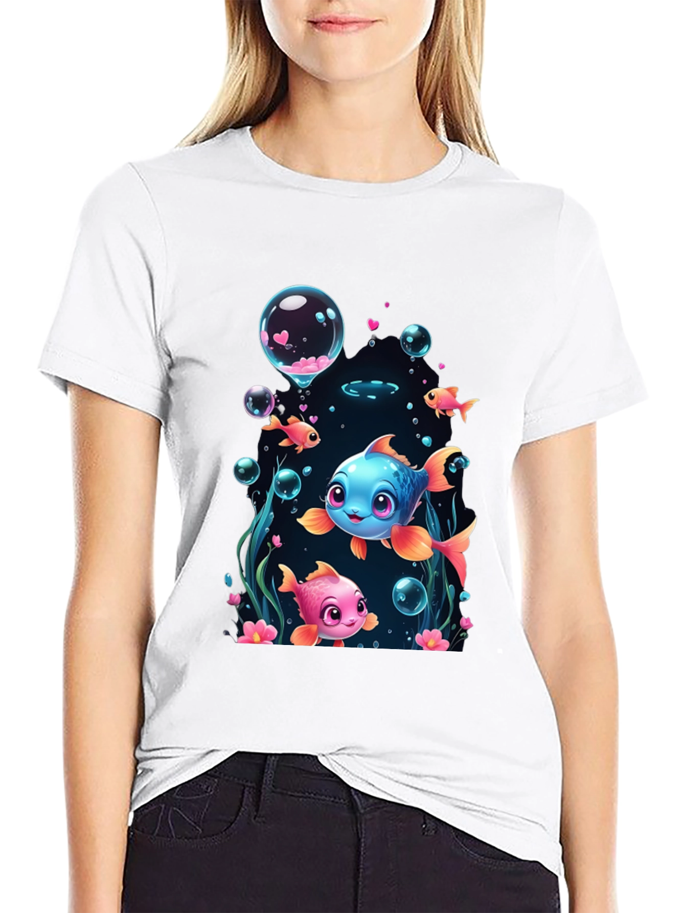 Black Cute Fish Graphic T-Shirt - Fun Undersea Design view 9