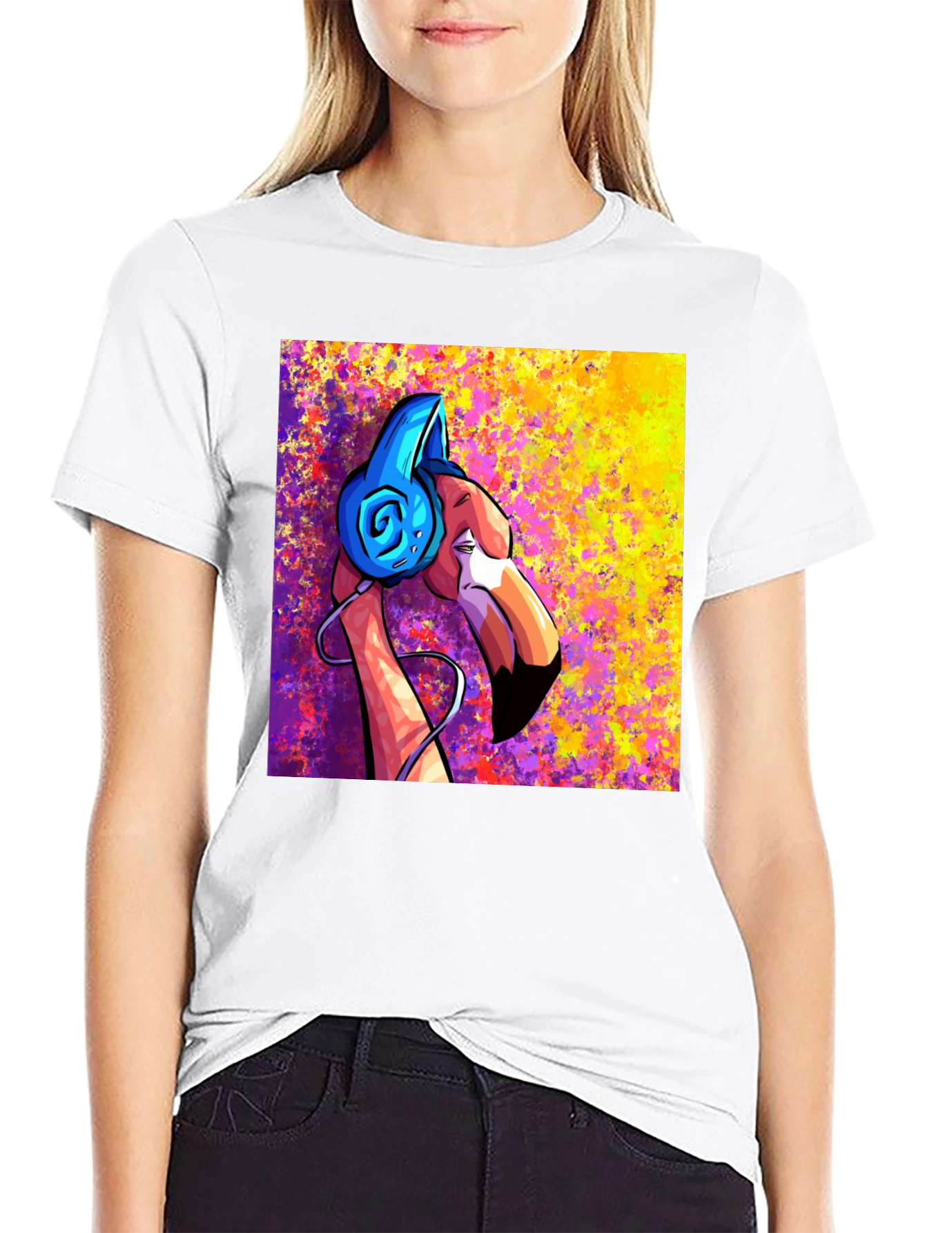 Black Cool Flamingo DJ Graphic T-Shirt view 9