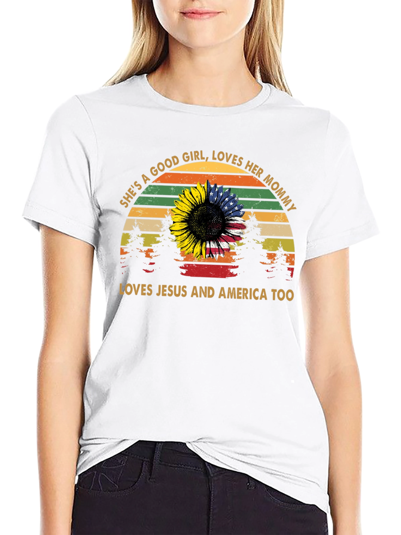 Black She's a Good Girl Tee: Sunflower & US Flag Design view 9