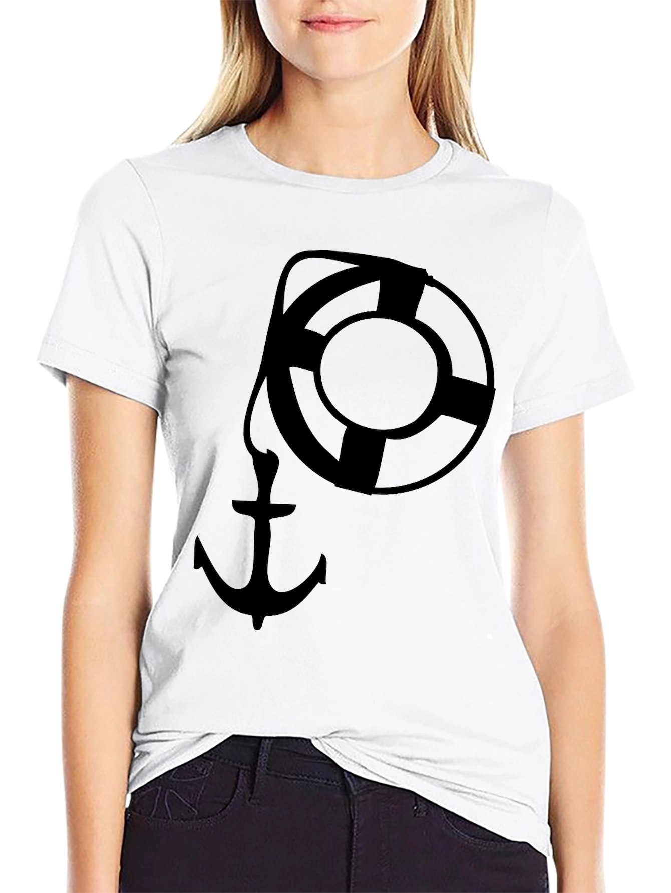 Nautical Anchor & Life Preserver Graphic Tee - Black - 9