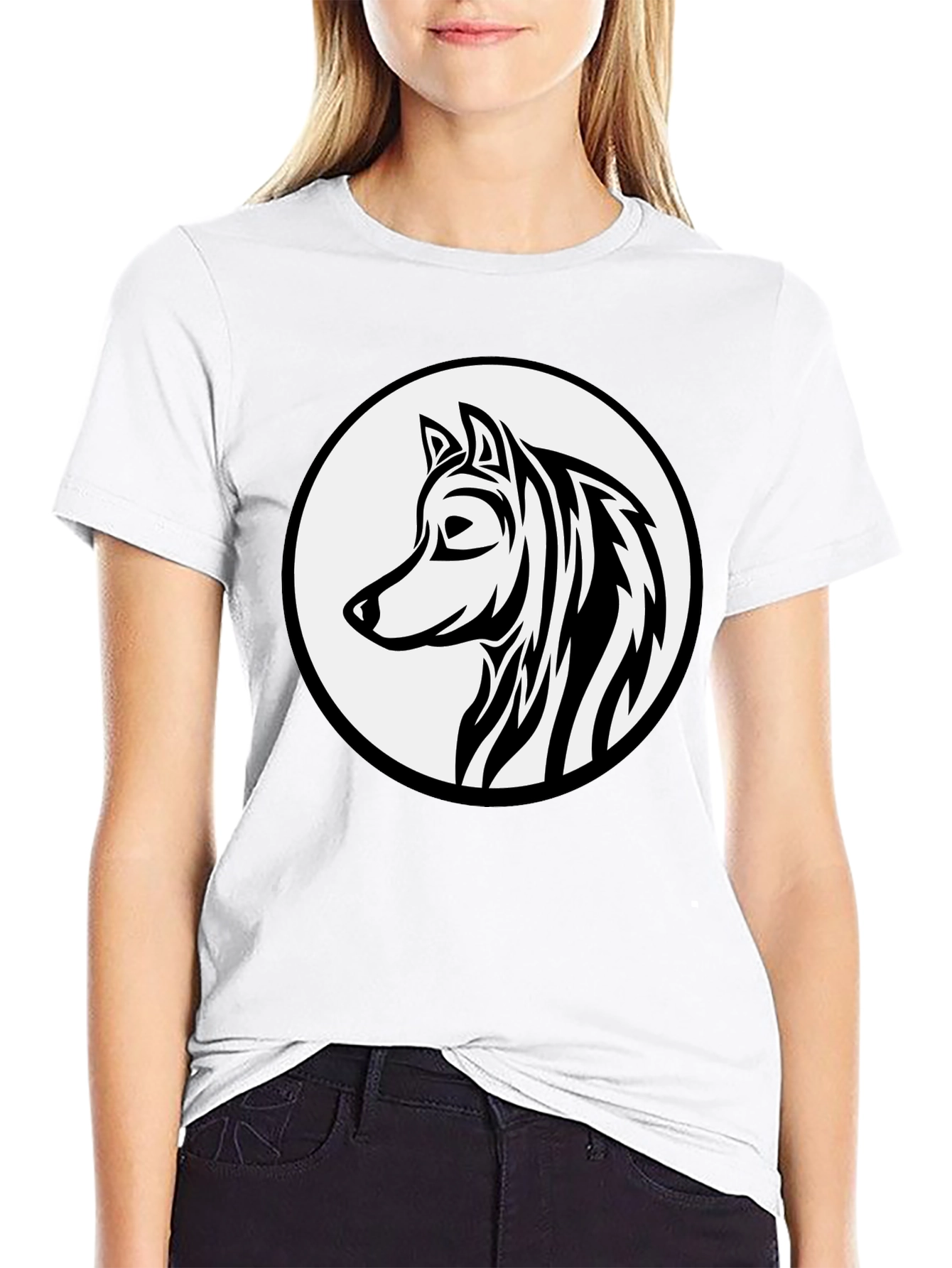 Black Black Wolf Graphic Tee - Tribal Style Circle Design view 9