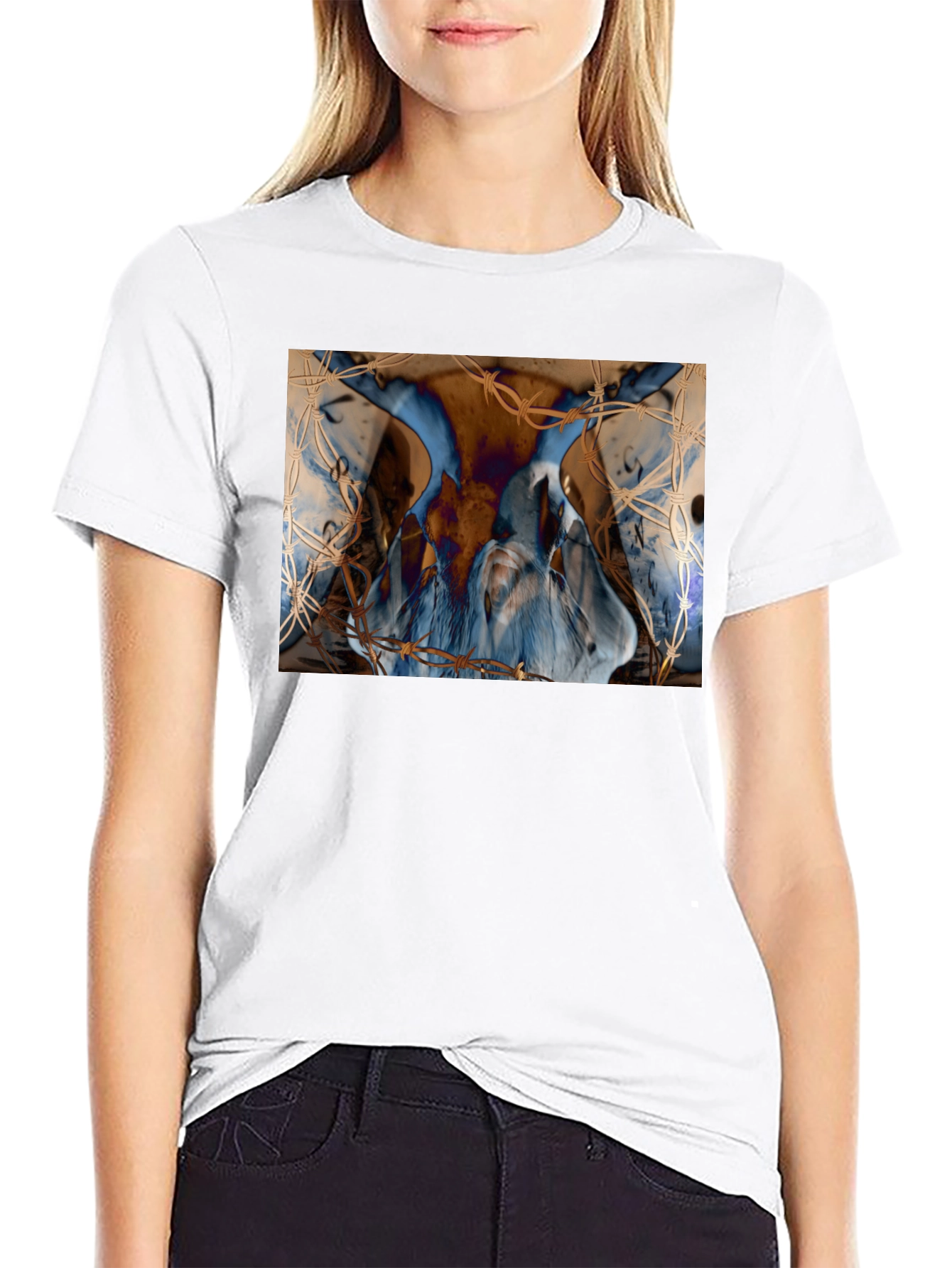 Black Artistic Blue & Brown Barbed Wire Graphic Tee view 9