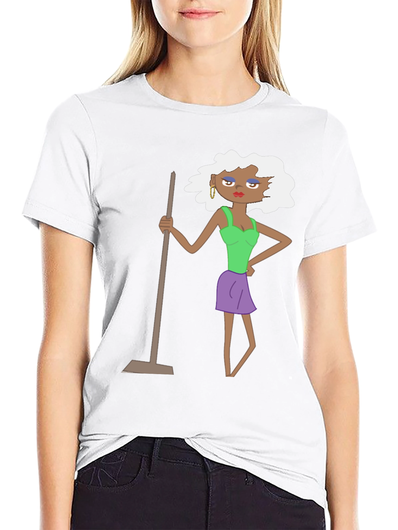 Black Funny Cartoon Woman on Black T-Shirt view 9