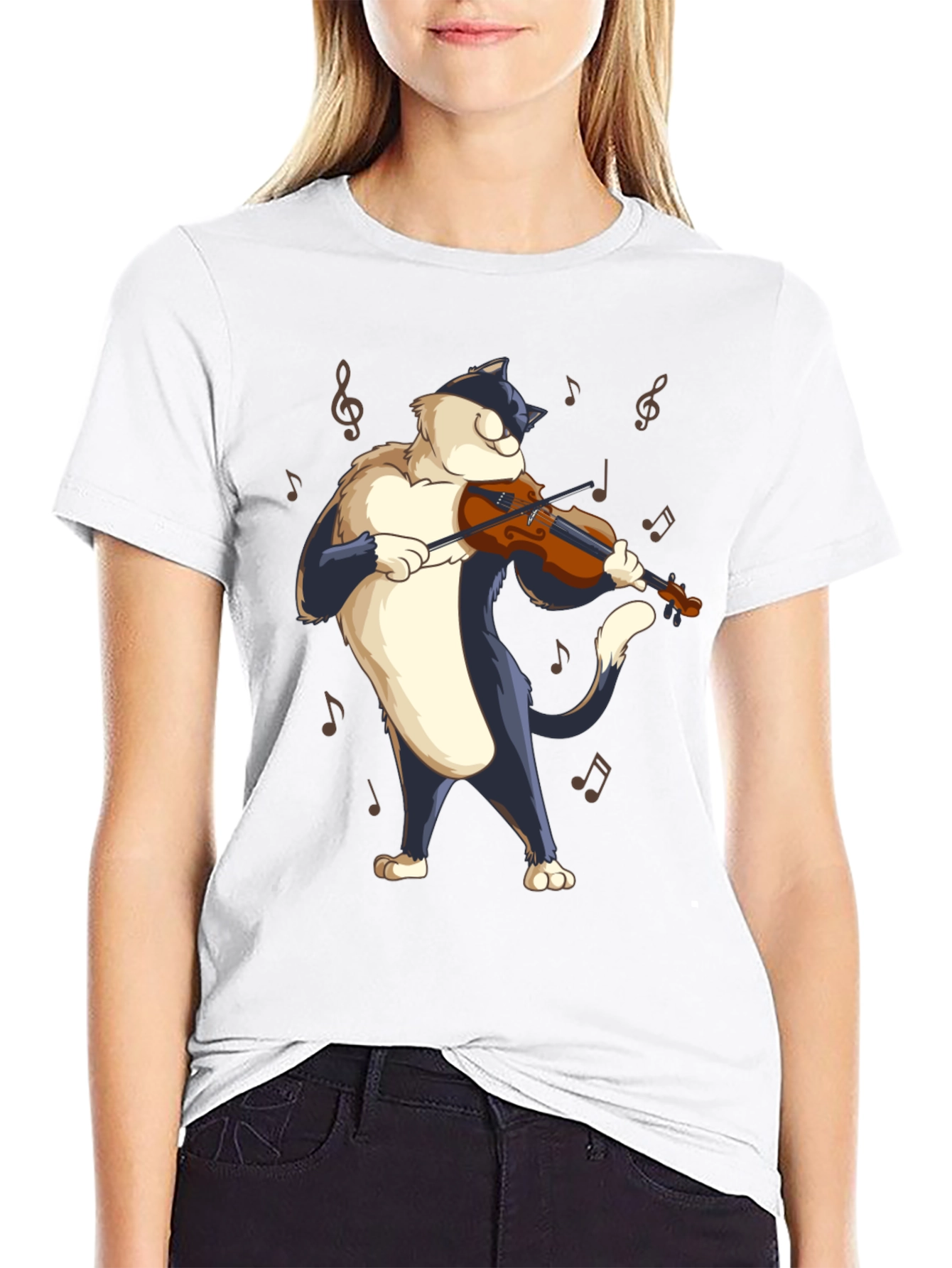 Black Cat Violinist Black T-Shirt - Musical Feline Tee view 9