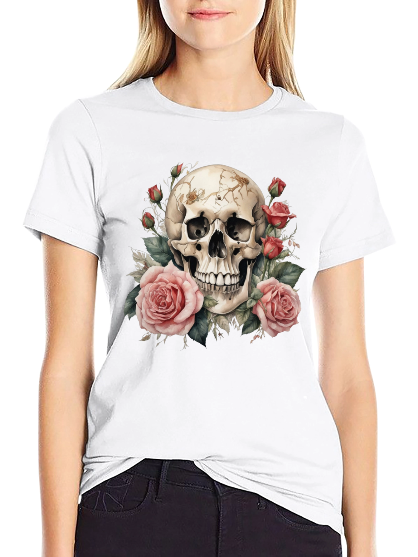 Black Skull & Roses Graphic Tee - Black Cotton T-Shirt view 9