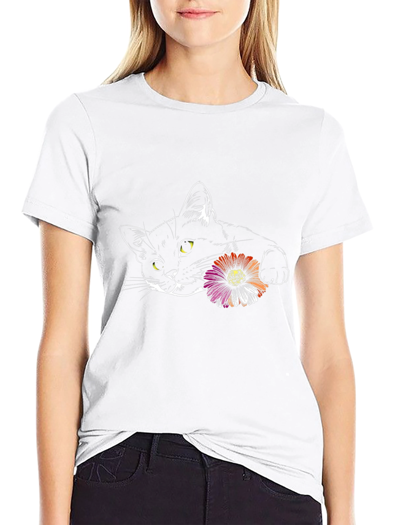 Black Black Cat with Flower Graphic Tee view 9