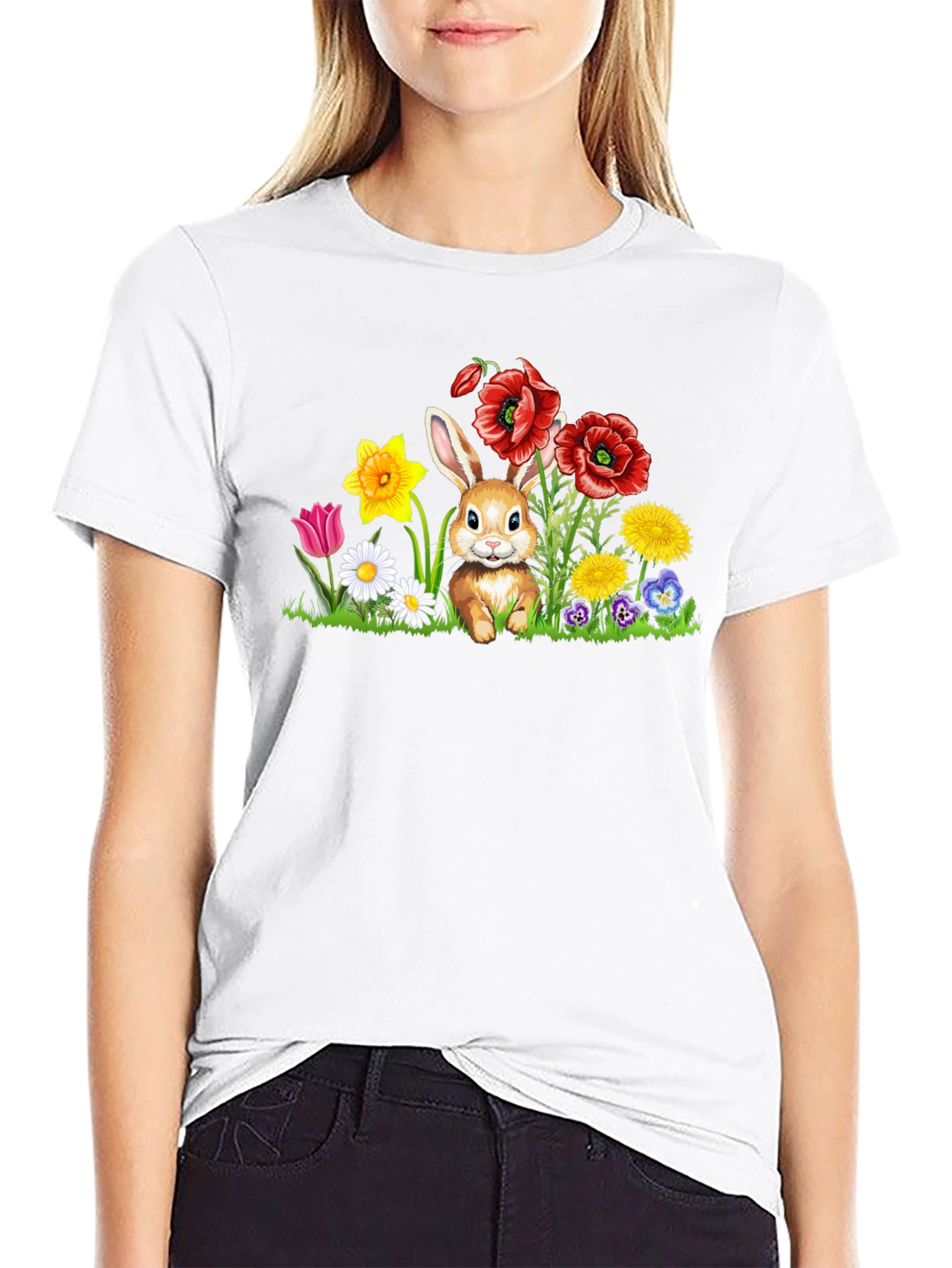 Black Cute Bunny in Flower Patch Black T-Shirt view 9