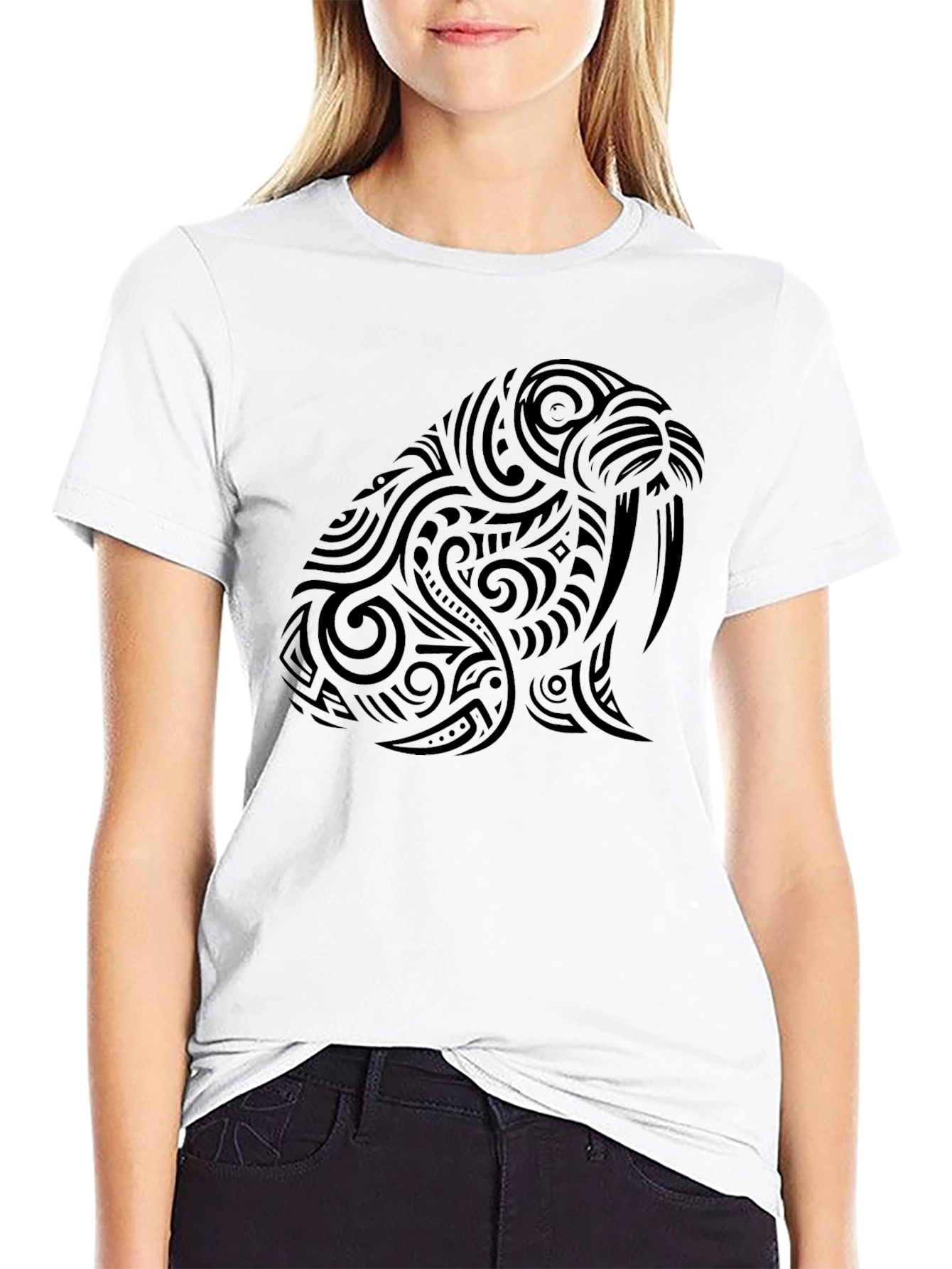 Black Tribal Walrus Graphic Tee - Black Cotton T-Shirt view 9